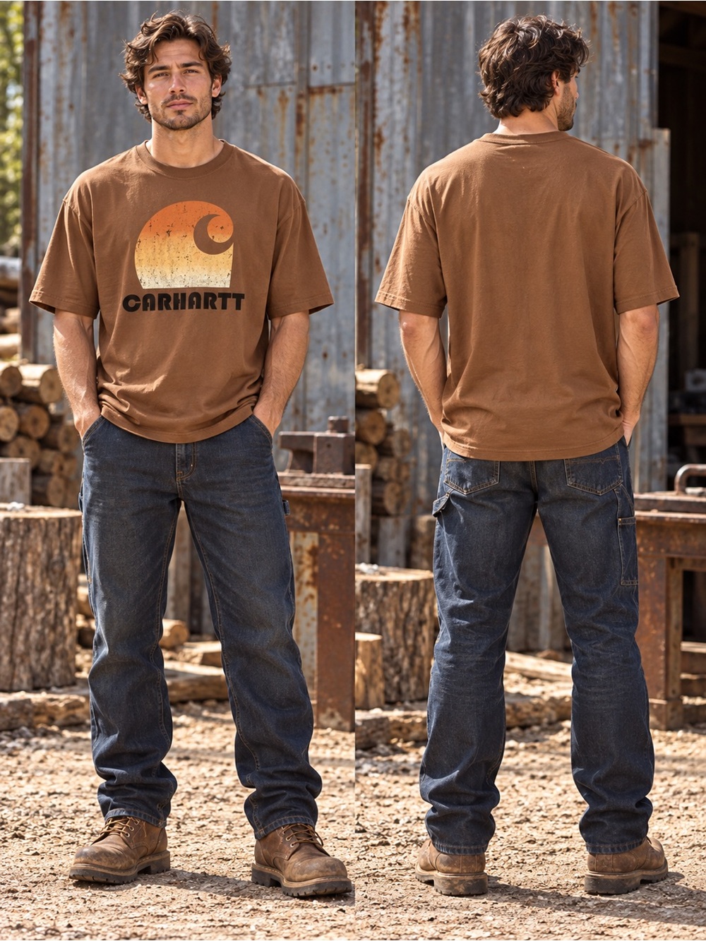 Carhartt Brown Short-Sleeve Tee with Retro Sunset Logo